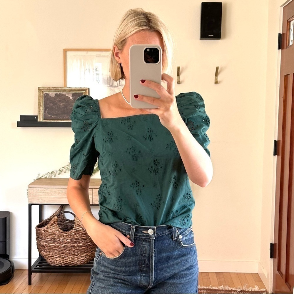 Ranna Gill Eyelet Puff Sleeve Top Square Neck Cotton in Dark Green Women's S